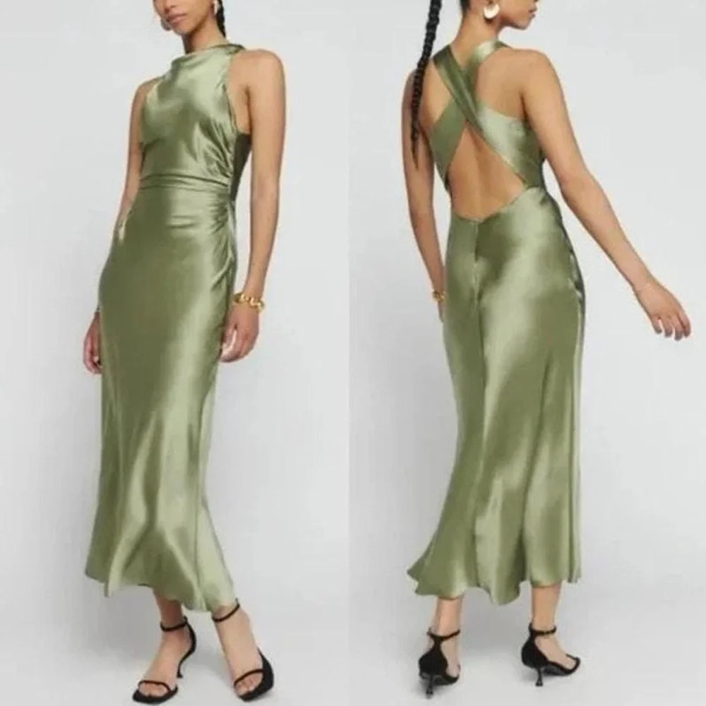 Reformation NWT Casette Silk Dress Size 12 in Artichoke - Picture 2 of 14